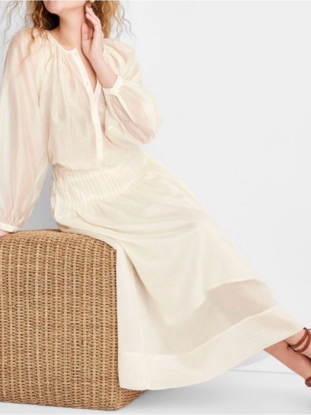 Women's Balloon Sleeve Flowy Sheer Boho Top and Drop Waist Midi Skirt